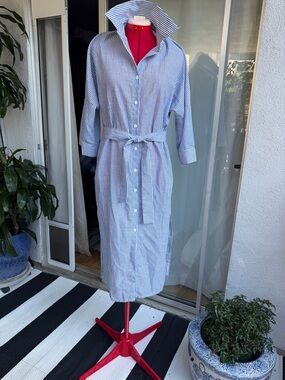 Button-Front Stripe Shirt Dress in Light Blue and White